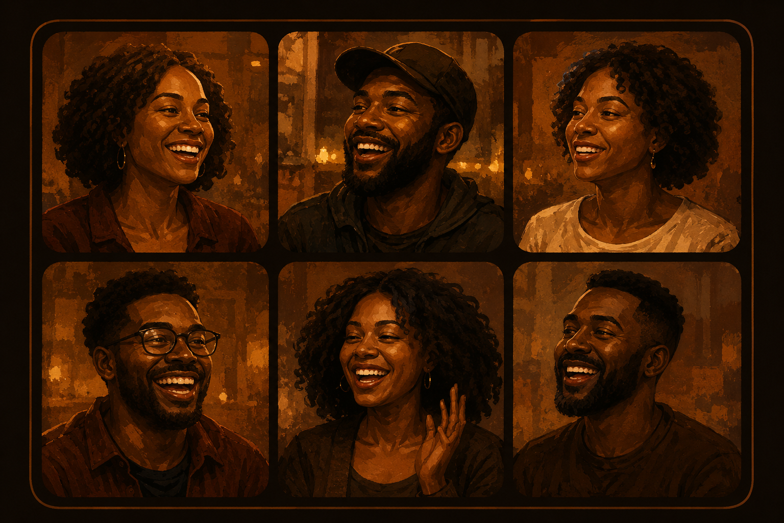 A grid of six Black people laughing and talking, lit in warm amber tones