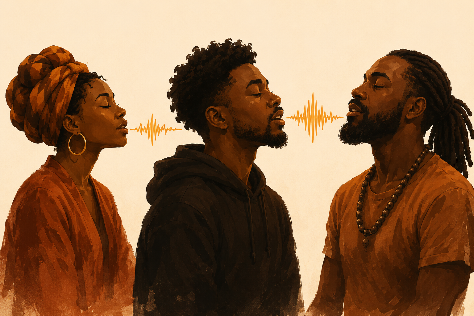 Three Black people in profile, voices passing between them as amber waveforms