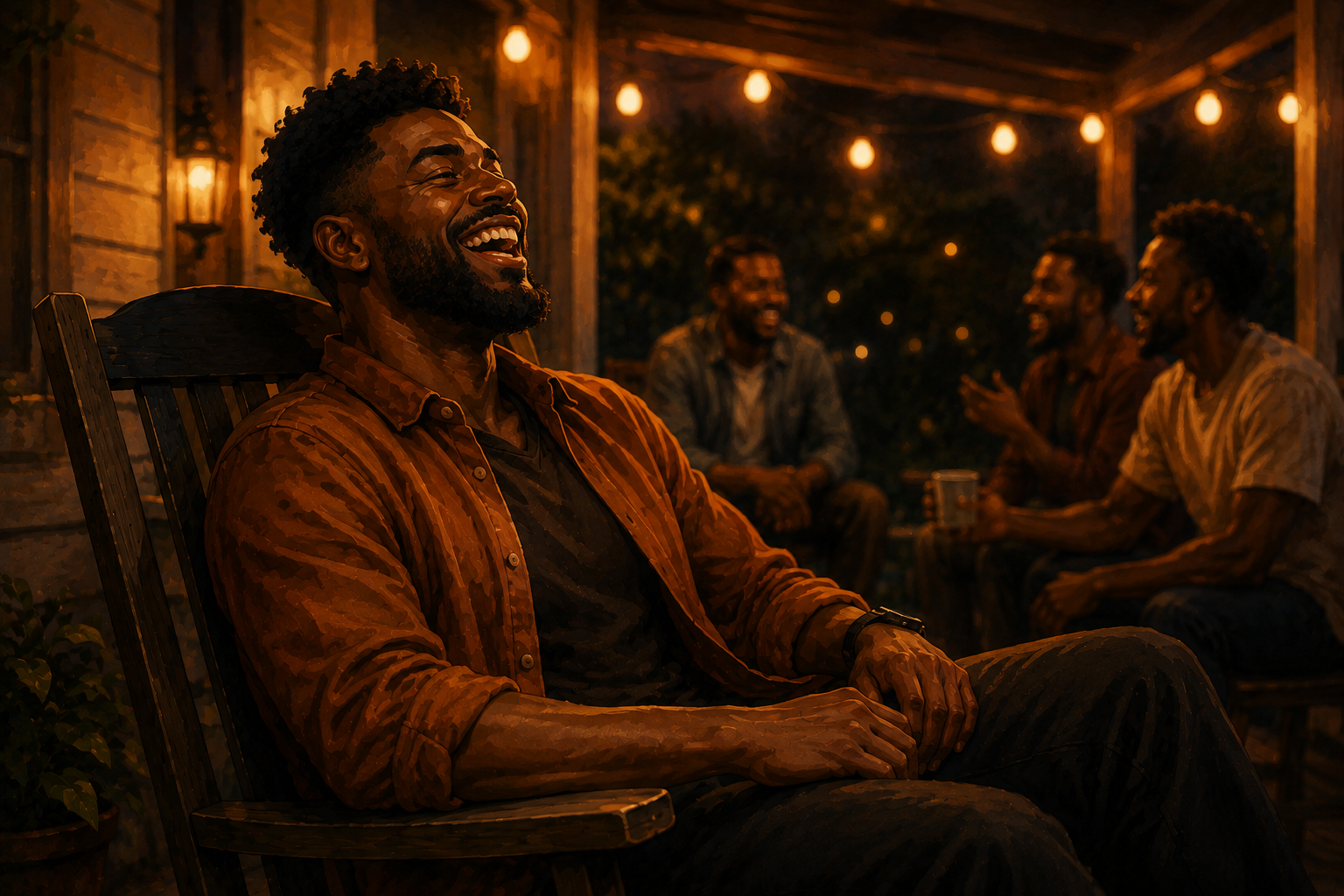 A Black man leaning back laughing on a string-lit porch, friends talking in the warm glow behind him