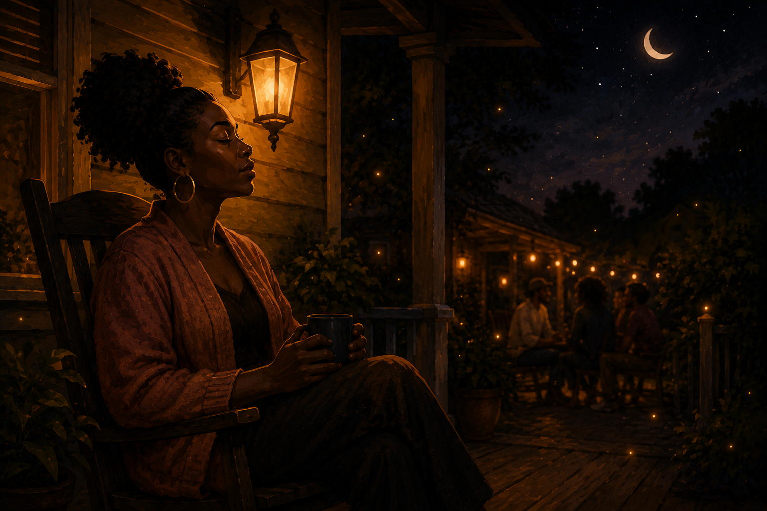 A Black woman resting in a rocking chair under a warm porch lantern, eyes closed, a gathering glowing behind her